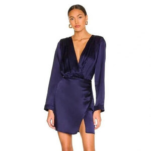 Amanda Uprichard Melinda Silk Long Sleeve Mini Dress Navy XS Navy Blue